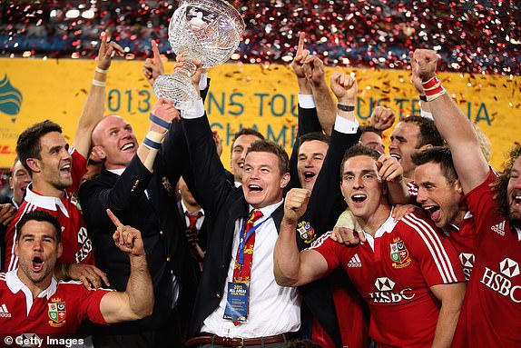 SYDNEY, AUSTRALIA - JULY 06:  Brian O'Driscoll (R) and Paul O'Connell of the Lions raise Tom Richards Cup after their victory during the International Test match between the Australian Wallabies and British & Irish Lions at ANZ Stadium on July 6, 2013 in Sydney, Australia.  (Photo by David Rogers/Getty Images)