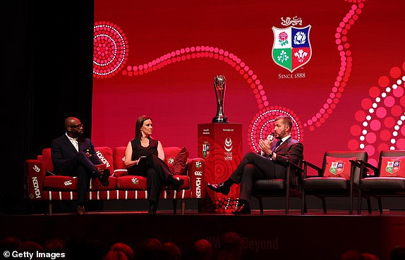 LONDON, ENGLAND - MAY 08: Ugo Monye and Lee McKenzie speak with Ben Calveley, Chief Executive Officer of The British & Irish Lions during British & Irish Lions squad and captain announcement at Indigo at The O2 Arena on May 08, 2025 in London, England. (Photo by David Rogers/Getty Images)