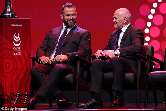 LONDON, ENGLAND - MAY 08: Andy Farrell, Head Coach of British & Irish Lions and Ieuan Evans, Chair and Tour Manager of British & Irish Lions speak during British & Irish Lions squad and captain announcement at Indigo at The O2 Arena on May 08, 2025 in London, England. (Photo by David Rogers/Getty Images)