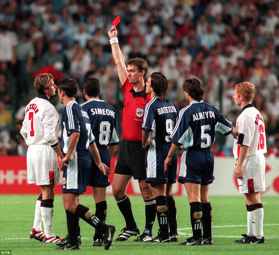 Beckham's World Cup dream quickly turned into a nightmare after being sent off for kicking out at Diego Simeone