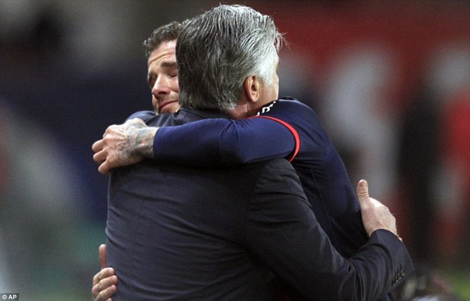 Beckham was given a standing ovation as he left the field and shared an embrace with then PSG manager Carlo Ancelotti