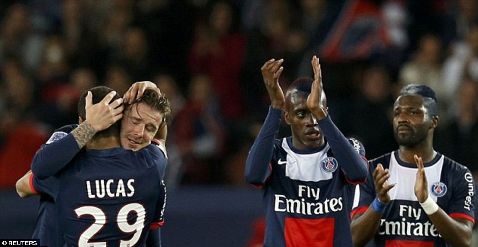 Beckham hugged his teammates before leaving the pitch at the Parc des Princes in Paris as his career came to a conclusion