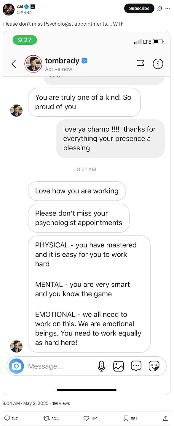 Brown je nedavno podijelio privatne poruke između njega i Bradyja, a činilo se da je uznemiren zbog toga što mu je Brady rekao da prisustvuje svojim sastancima o psihologu