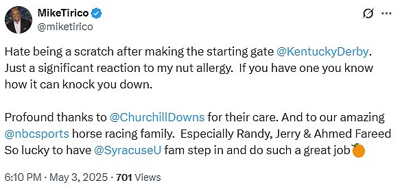 Tirico je na društvenim medijima objavio 'značajnu reakciju na moju alergiju na orah' prisilila ga da odstupi