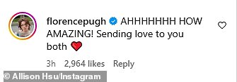 Azijsko-američke ljubavne ptice dobile su čestitke od svog kolege MCU Pal Florence Pugh, koji je gurnuo: 'Ahhh! Kako nevjerojatno! Slanje ljubavi oboje '