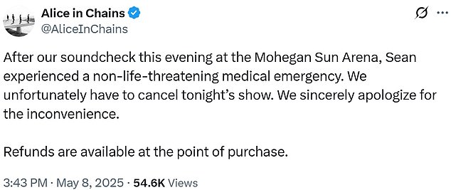 Incident u Mohegan Sun Areni uključivao je bubnjara Seana Kinneyja, i iako nisu otkriveni daljnji detalji o incidentu ili njegovom trenutnom stanju, dovoljno je ozbiljan da jamči otkazivanje turneje.