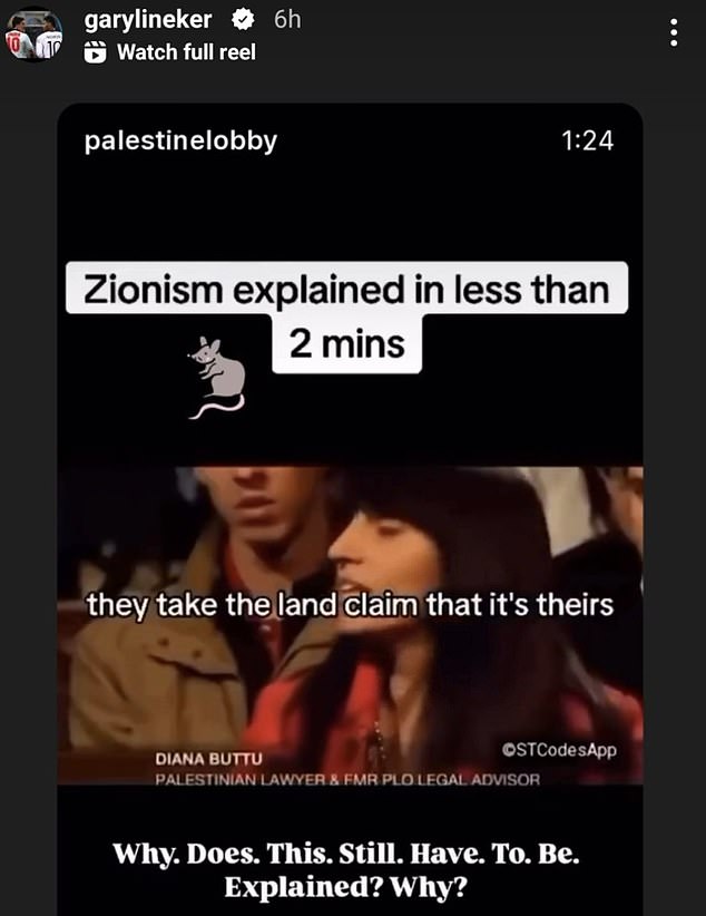 He shared a now-deleted reel on Instagram which originated with pro-Palestine group Palestine Lobby and featured an image of a rat
