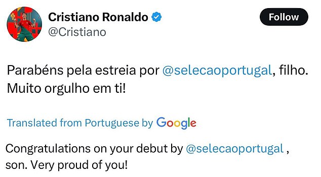 Ronaldo Sr poslao je poruku čestitke svom sinu na mreži nakon svog međunarodnog debija