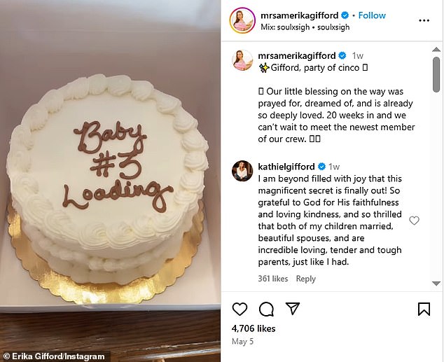 Prošli tjedan glumica Baxtersa bila je 'oduševljena' zbog svoje snahe Erika najavivši da su ona i suprug Cody očekivali svoje treće dijete nakon što su pozdravili sinove, Frank, 2; i Ford, 17 mjeseci