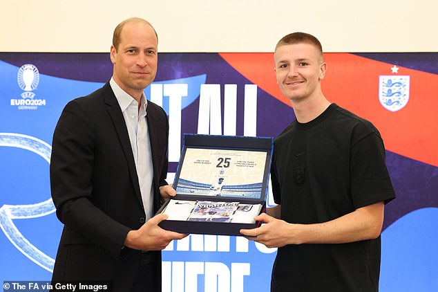 Wharton receives his Euro 2024 legacy shirt from Prince William before flying out to Germany