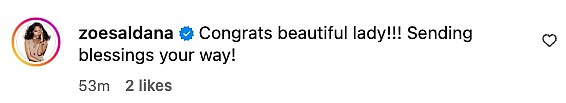 PAL ZOE SALDANA komentirala je: 'Čestitamo lijepu damu !!! Slanje blagoslova na svoj način! '