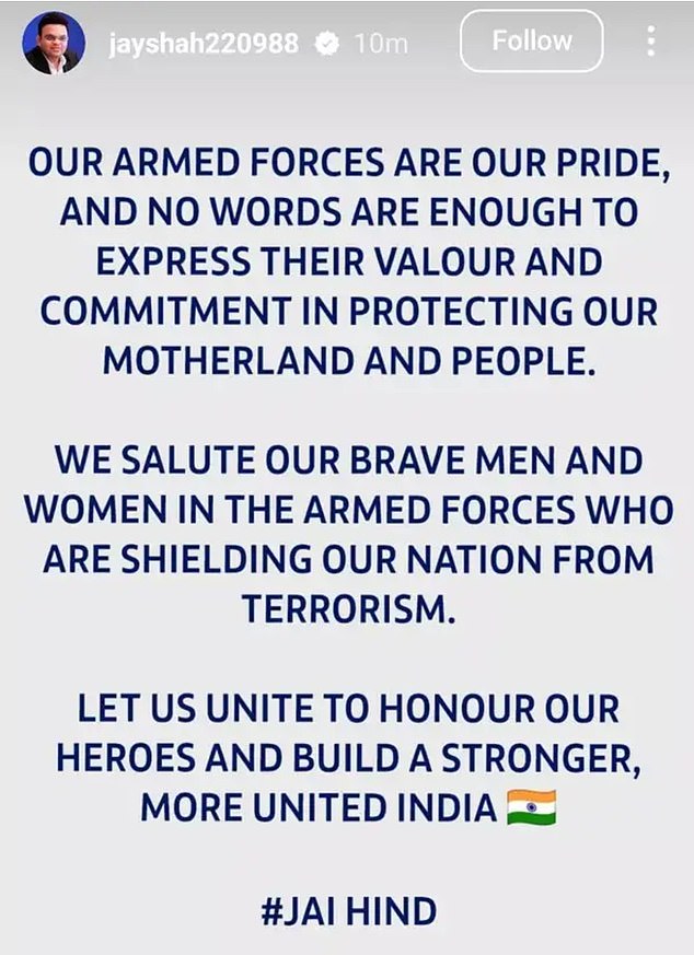 Predsjedavajući ICC -a Jay Shah objavio je ovu poruku podrške indijskoj vojsci na svojoj Instagram priči