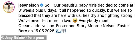 Jesy Nelson potvrdila je rođenje svojih blizanaca s partnerom Zion Fosterom u emocionalnom Instagramu, podijeljenom u nedjelju - tri dana nakon njihovog rođenja