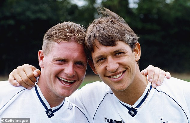 Spurs and England team mates Paul Gascoigne (left) and Gary Lineker (right) share a joke at a Tottenham Hotspur pre season photocall prior to the 1990/91 season