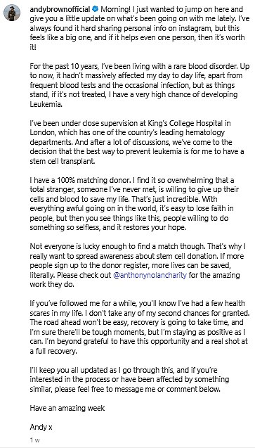 Najavljujući svoju desetogodišnju zdravstvenu bitku početkom ovog mjeseca, otac dvojice je rekao: 'Jutro! Samo sam htio skočiti ovdje i dati vam malo ažuriranja o onome što se događa sa mnom u posljednje vrijeme '