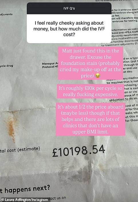 Zvijezda je također otkrila da je par koštala 10.198,54 funti po ciklusu dok je dijelila kopiju izjave o bračnom računa