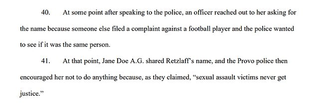 Tužba Jane Doe kaže da nije odmah otkrila ime Retzlaffa policiji Provo, ali kasnije ih je obavijestila da je riječ