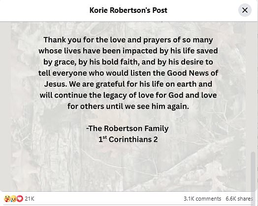 Phil-ova snaha Korie Robertson rekla je u nedjelju na Facebooku da je umro