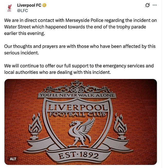 Liverpool je brzo objavio izjavu nudeći svoje 'misli i molitve' onima koji su pogođeni