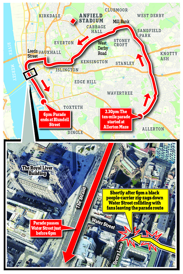 Karta koja prikazuje put parade i gdje je automobil upao u ljude