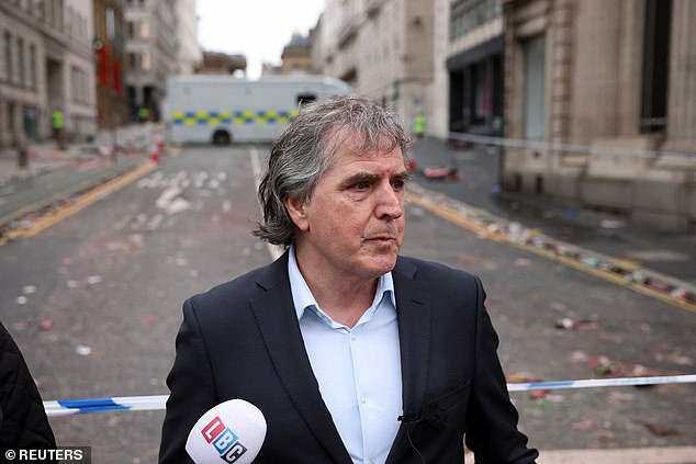 Liverpool Metro Mayor Steve Rotheram speaks to members of the media near the scene in the aftermath of the incident
