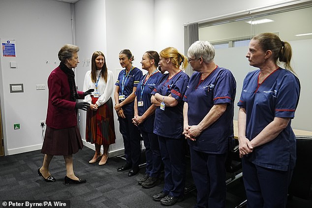 The Princess Royal meets with medical staff from the hospital team during a visit to the Royal Liverpool University Hospital to meet and thank emergency responders