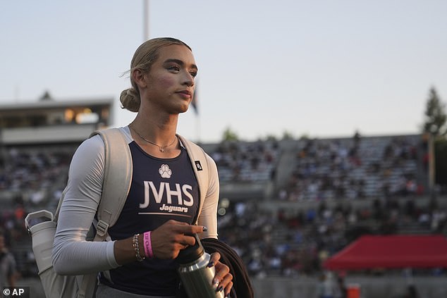 AB Hernandez, a transgender student at Jurupa Valley High School, leaves the stadium after competing in the triple jump at the California high school track-and-field championships in Clovis