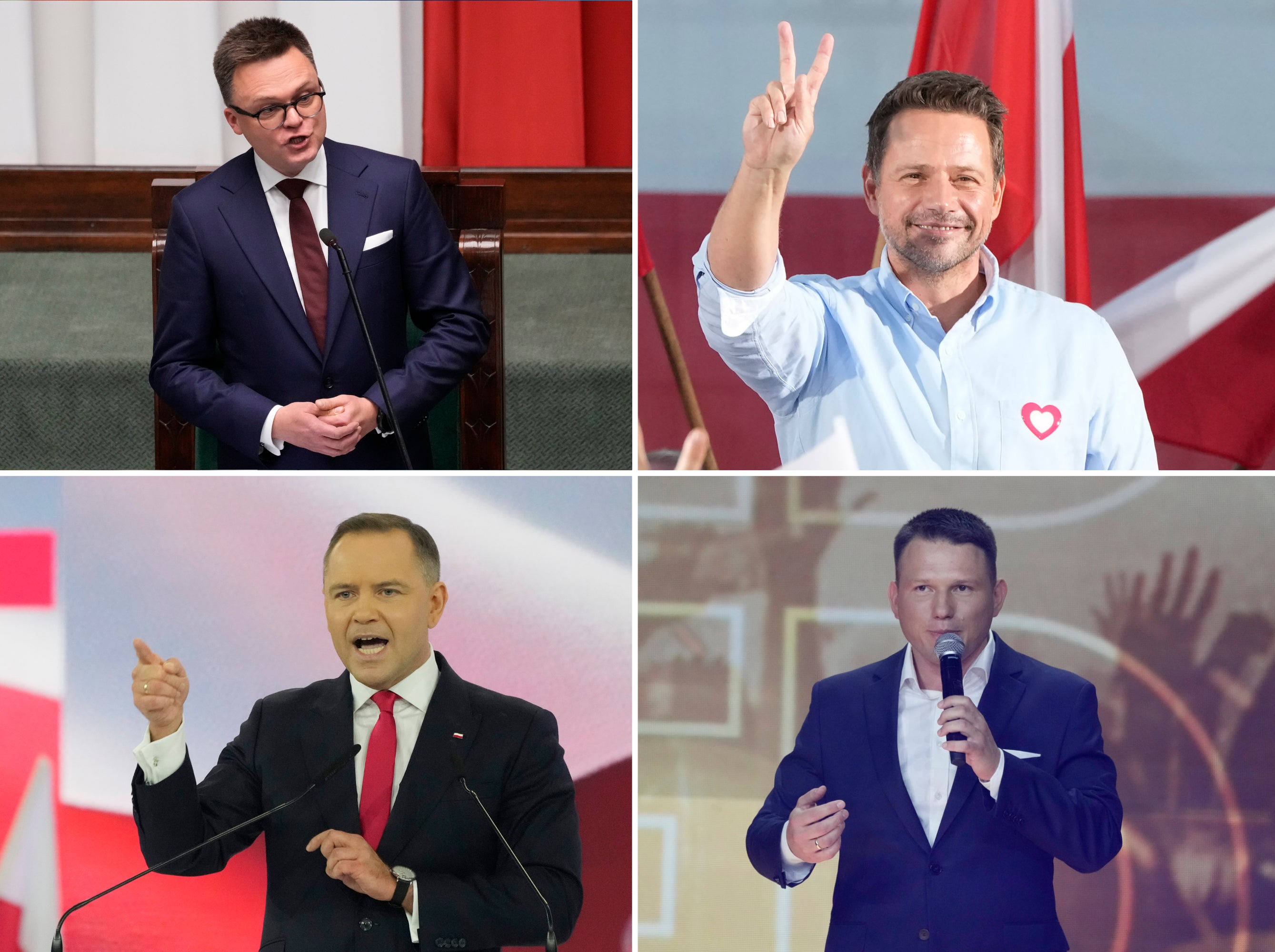 Najbolja četiri kandidata za poljske predsjedničke izbore (u smjeru kazaljke na satu): Szymon Hołownia, Rafal Trzaskowski, Sławomir Mentzen i Karol Nawrocki