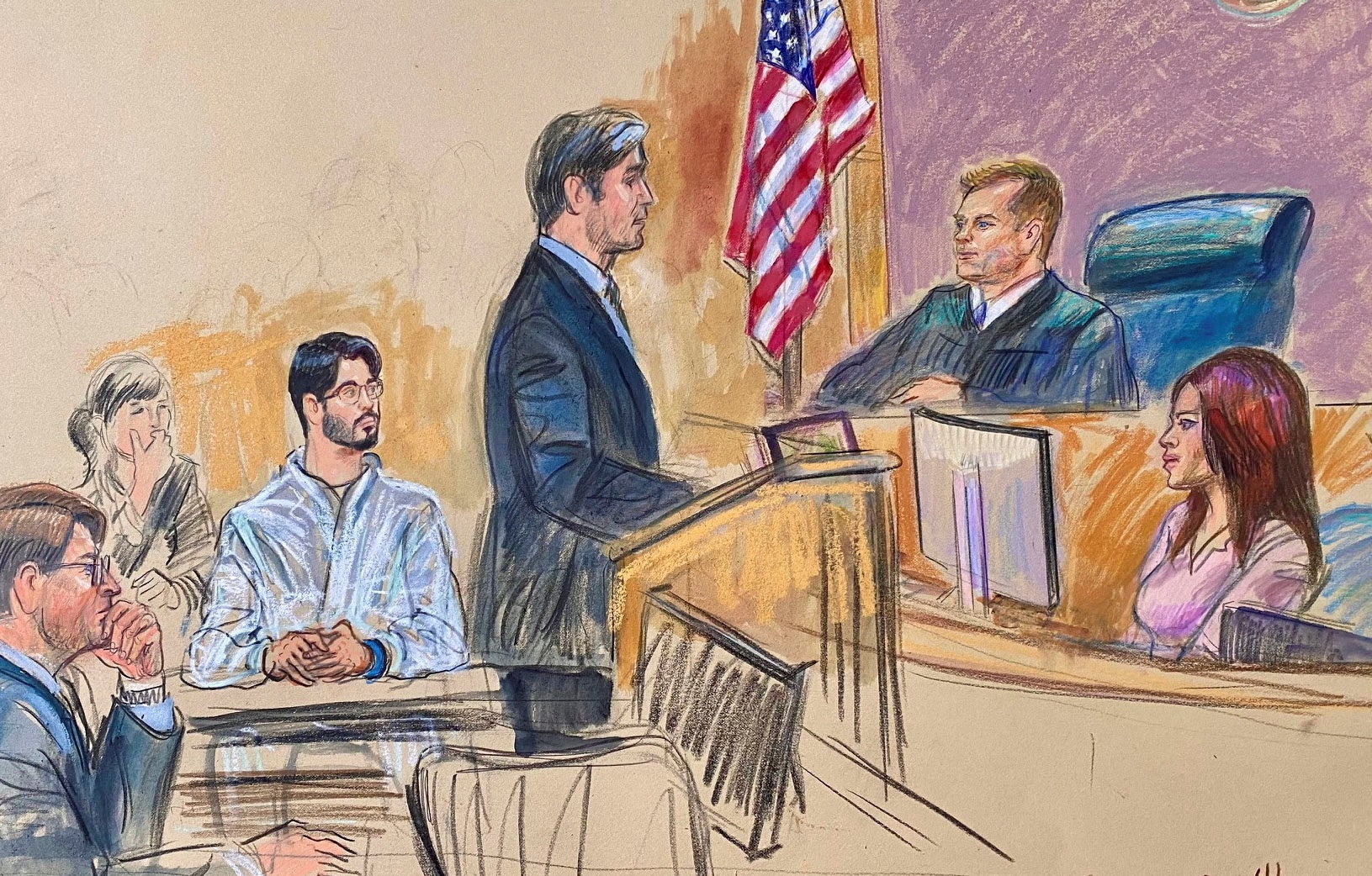 Sudska skica pokazuje Rodrigueza sa svojim odvjetnikom kao pomoćnikom američkog odvjetnika za okrug Columbia Jeffrey Nestler stoji pred sucem suca Matthewa Sharbaugh -a na ročištu američkog okružnog suda u Washingtonu, DC