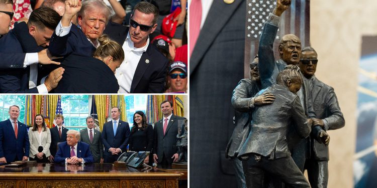 Skulptura koja prikazuje ikonični Trumpov pokušaj atentata prikazan u Ovalnom uredu