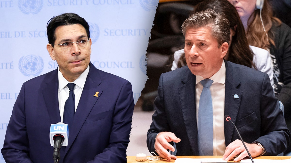 Izraelski UN veleposlanik Danny Danon (lijevo) i UN generalni tajnik za humanitarne poslove i koordinator za pomoć u hitnim slučajevima Tom Fletcher (desno)