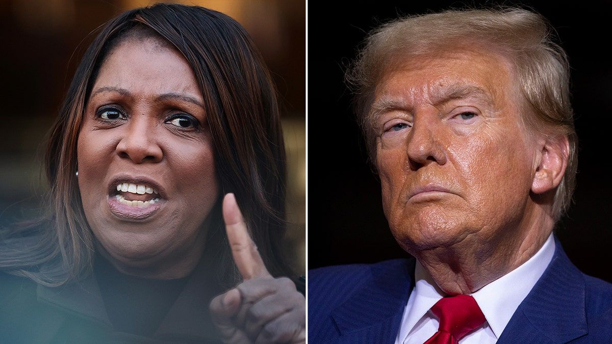 Podijeljena fotografija Letitia James Napravljajući ljutu gestu ruku, Donald Trump u plavom odijelu