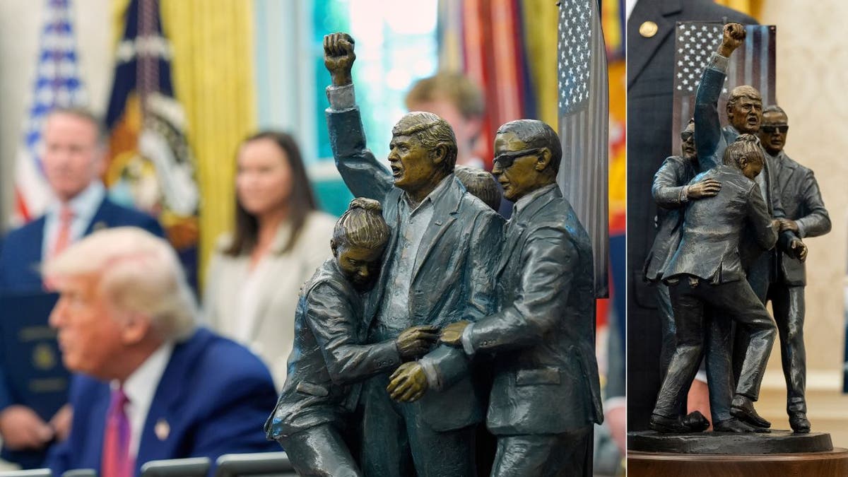 Kip koji prikazuje pokušaj pokušaja atentata na predsjednika Donalda Trumpa u Butleru, PA, prošle godine, viđen je u petak u Ovalnom uredu.