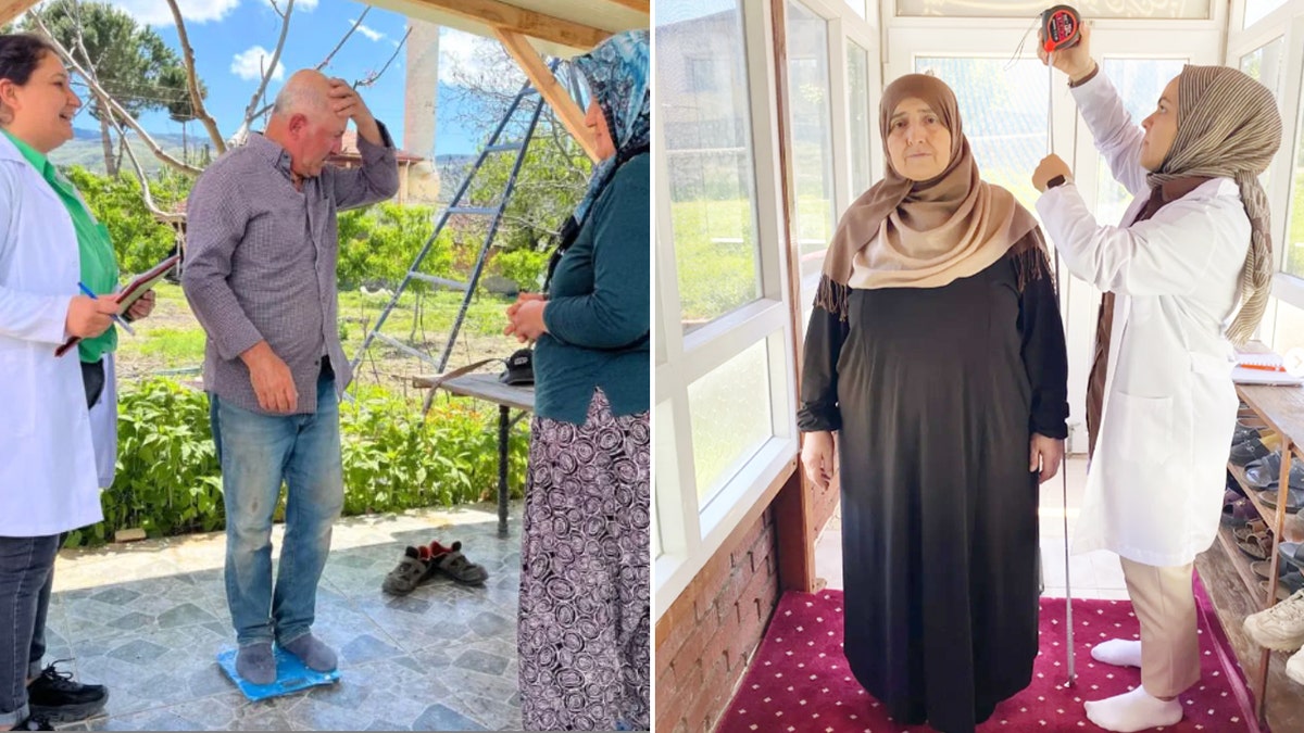 Turski zdravstveni službenici koji mjere stanovnike za vaganje i visinu kao dio programa za borbu protiv pretilosti