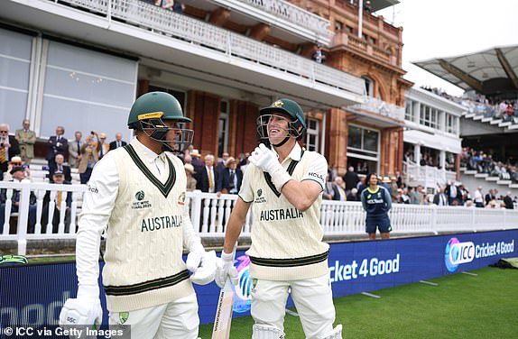 LONDON, ENGLAND - JUNE 11: Marnus Labuschagne and Usman Khawaja of Australia walk out to bat during Day One of the ICC World Test Championship Final 2025 between South Africa and Australia at Lord's Cricket Ground on June 11, 2025 in London, England.  (Photo by Alex Davidson-ICC/ICC via Getty Images)