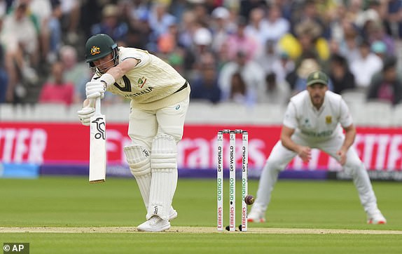 Australia's Marnus Labuschagne plays a shot during the World Test Championship final between South Africa and Australia at Lord's cricket ground in London, Wednesday, June 11, 2025. (AP Photo/Kirsty Wigglesworth)