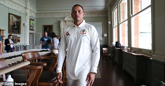 LONDON, ENGLAND - JUNE 26: Usman Khawaja of Australia walks through the Long Room during an Australia Training Session at Lord's Cricket Ground on June 26, 2023 in London, England. (Photo by Ryan Pierse/Getty Images)