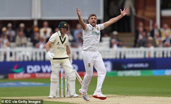 LONDON, ENGLAND - JUNE 11: Wiaan Mulder of South Africa appeals unsuccessfully for the wicket of Marnus Labuschagne of Australia during Day One of the ICC World Test Championship Final 2025 between South Africa and Australia at Lord's Cricket Ground on June 11, 2025 in London, England.  (Photo by Matthew Lewis-ICC/ICC via Getty Images)