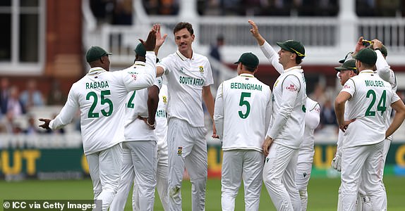 LONDON, ENGLAND - JUNE 11: Marco Jansen of South Africa celebrates with team mates after taking the wicket of Marnus Labuschagne of Australia during Day One of the ICC World Test Championship Final 2025 between South Africa and Australia at Lord's Cricket Ground on June 11, 2025 in London, England.  (Photo by Matthew Lewis-ICC/ICC via Getty Images)