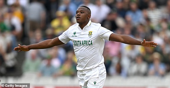 LONDON, ENGLAND - JUNE 11: Kagiso Rabada of South Africa celebrates dismissing Usman Khawaja of Australia during day one of the ICC World Test Championship Final between South Africa and Australia at Lord's Cricket Ground on June 11, 2025 in London, England.  (Photo by Gareth Copley/Getty Images)