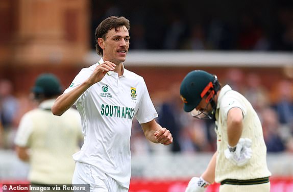 Cricket - 2025 ICC World Test Championship Final - South Africa v Australia - Lord's Cricket Ground, London, Britain - June 11, 2025 South Africa's Marco Jansen celebrates after taking the wicket of Australia's Travis Head, caught out by Kyle Verreynne Action Images via Reuters/Andrew Boyers