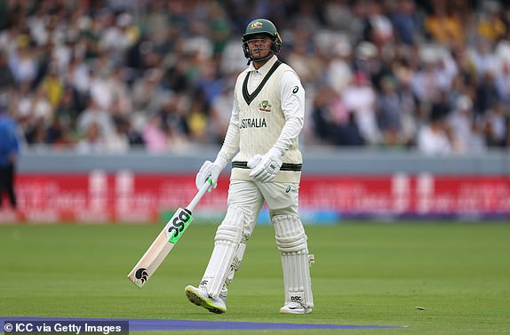 LONDON, ENGLAND - JUNE 11: Usman Khawaja of Australia leaves the field after getting out during Day One of the ICC World Test Championship Final 2025 between South Africa and Australia at Lord's Cricket Ground on June 11, 2025 in London, England.  (Photo by Alex Davidson-ICC/ICC via Getty Images)
