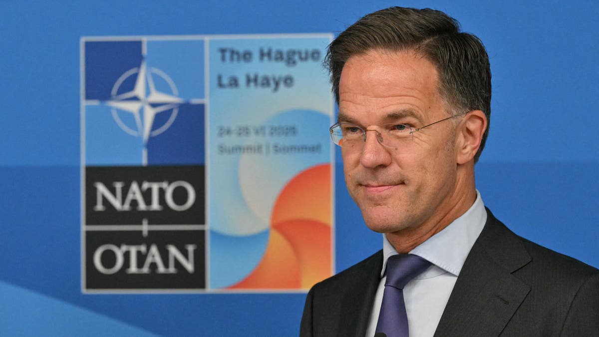 Generalni sekretar NATO -a Mark Rutte gleda tijekom izjave o pridruživanju.