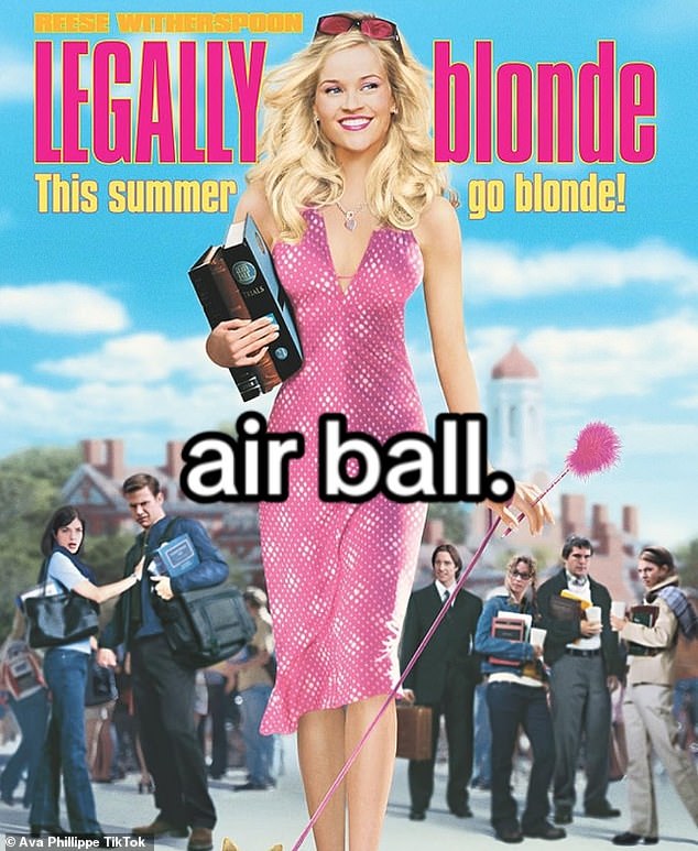 Natpis na isječku glasi 'rekao je "O u kojoj tvrtki radi?"'A treći dijapozitiv je filmski poster legalno plavuše s' Air Ball 'napisanim na vrhu