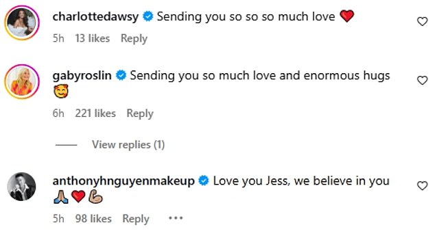 Jessiejevi slavni prijatelji, uključujući Rita Ora i Marvin Humes, preplavili su joj post uz podršku komentarima i dobrim željama