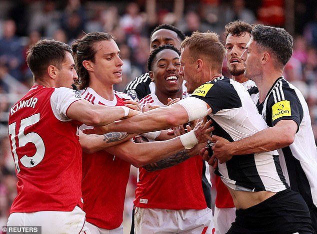 Riccardo Calafiori (second left) has been second-choice left back behind Myles Lewis Skelly (centre)
