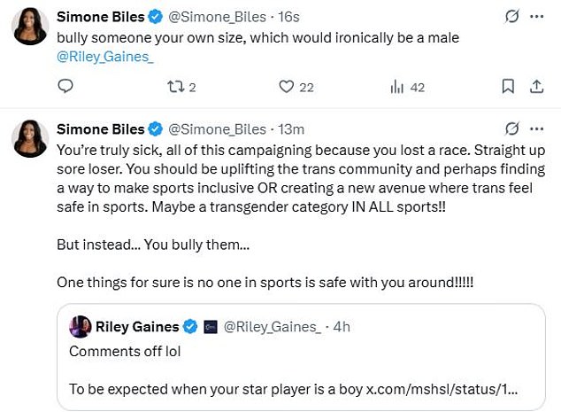 Biles je u petak navečer napao Gainesa na X nakon njezinih najnovijih primjedbi o Trans sportašima