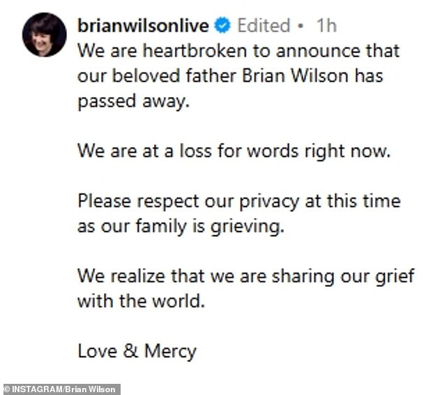 Njegova djeca su ove srijede najavili Wilsonovu smrt na službenoj stranici pjevača, zajedno s onim što se činilo kao nedavna fotografija