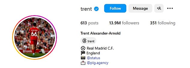 Instagram ručka Alexander-Arnolda promijenjena je iz '@trentArnold66' u '@Trent'