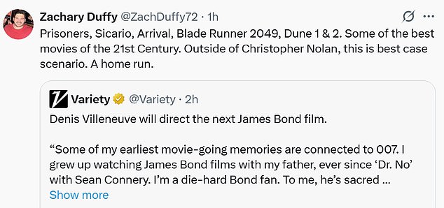 Zachary Duffy (@Zachduffy72) rekao je: 'Zatvorenici, Sicario, dolazak, Blade Runner 2049, Dune 1 i 2. Neki od najboljih filmova 21. stoljeća. Izvan Christophera Nolana, ovo je najbolji scenarij. Domaća trka. '